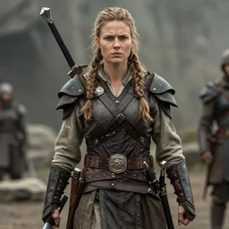 a rugged female warrior in the style of tom bagshaw