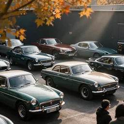 car show, many ( mgb ( vehicle ) ) sharpfocus, photorealism, soft diffuse autumn lights, some sun light ray, dark room wall, canon 5 d 5 0 mm lens, isometric