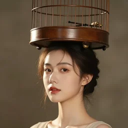 girl with a birdcage on her head