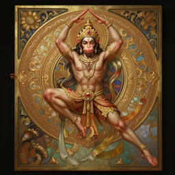 a full body centered!!!!!!!!! portrait of a sole beautiful ornated hanuman god, leaping across the canvas on a front split pose, hanumanasana yoga posture, stretching one leg forward and the other straight back, arms stretched above the head, and the palms joined together, intricate, elegant, highly detailed, digital painting, artstation, concept art, smooth, sharp focus, colored illustration for tattoo, art by krenz cushart and artem demura and alphonse mucha