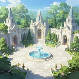 A wide open courtyard in a beautiful elven city made of white marble, anime, lush trees, fountain, a fantasy digital painting by Greg Rutkowski and James Gurney, trending on Artstation, highly detailed