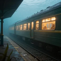 hyperealistic underwater old train arrive to station with glowing window, high detailed, misty glows, seaweed, digital art, octane render