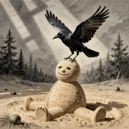A crow hovers over sandman's head, lithography