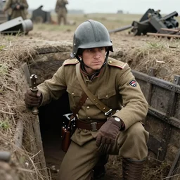 Rey Skywalker as a WW1 captain, in a trench, 1918
