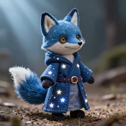 a starry blue fox druid ball jointed wooden doll wearing magic imbued mage robes with led lights stitched on the fabric to resemble stars, cinematic, cotton fabric, button eyes, seams, cinematic, dust particles, god rays, led lights, dungeons and dragons, fantasy art, real life, photograph, national geographic, dynamic camera angle, macro camera shot