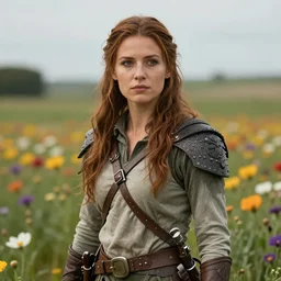 A high fantasy female dnd ranger standing in the middle of the field of flowers by Eddie Mendoza face close up official media beautiful detailed high quality