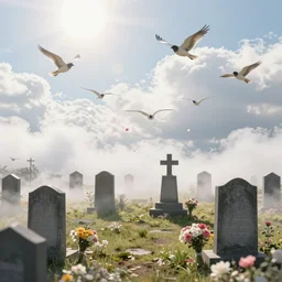 cemetery among the clouds with many tombstones next to flying birds and falling flowers with bouquets in front of the tombstones, sunny day, sunlight, bright, twinkling light, shiratori, soft light, dreamy, by ben enwonwu