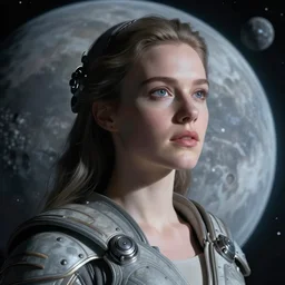 woman on the background of mercury in space, gray - blue tones