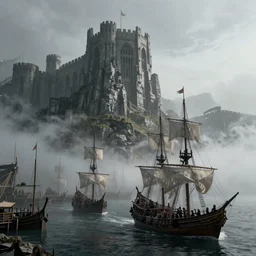 kingslanding, ships, port, Game of Thrones, foggy atmosphere, volumetric lighting, fantasy artwork, very beautiful scenery, very realistic painting effect, hd, hdr, cinematic 4k wallpaper, 8k, ultra detailed, high resolution, artstation