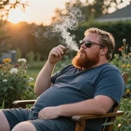 My giga Chad dad is smoking weed and have good time being gracefully relaxed in the garden, sunset lighting