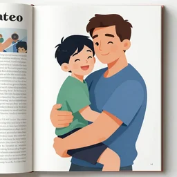 a magazine illustration of a father hugging his seven year old boy, happy, syd mead, modern colors