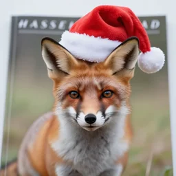 award winning portrait of a fox animal with a red santa claus hat, on the cover of a magazine, Hasselblad photograph, soft focus, f1.2, soft focus