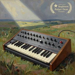 painting of a moog modular synthesizer playing itself, 1970s album cover art by Roger Dean