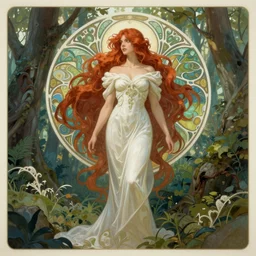 wide angle, mage, white green brown blue color palette, focused, forest, female, d & d, fantasy, intricate, elegant, highly detailed, long red hair, digital painting, artstation, octane render, concept art, matte, sharp focus, illustration, hearthstone, art by artgerm, alphonse mucha johannes voss