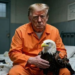 closeup portrait of of angry donald trump wearing orange prison pajamas sitting on a bed petting a bald eagle in a filthy prison, cinematic masterpiece, octane, dramatic lighting, editorial photo, 35mm, very detailed