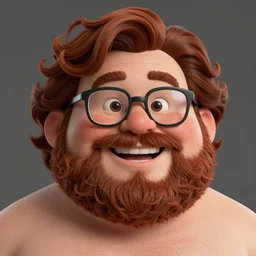 pleasant, happy, overweight, nerdy man character portrait, dark auburn wavy hair, full beard, glasses without frames, freckles, by don bluth, highly detailed, dynamic shadows, 4 k, wallpaper - 1 0 2 4
