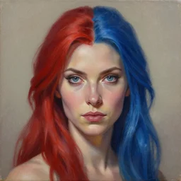 a detailed matte oil on canvas head on symmetrical portrait of a distinguished elven woman with half and half red blue hair by charlie bowater, lise deharme, wlop, trending on artstationhd, dungeons and dragons art critical role, half and half hair dye, split hair dye, two tone hair dye, dye hair