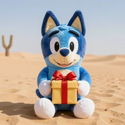 blue'snappy gifts'human - sized plush doll, looking at the camera, in the desert, holding gift, happy atmosphere, high detail, 8 k