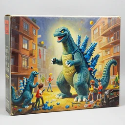 painting 1 9 7 0 kaiju gogo party in 1 9 6 2 apartment tokyo, model box for plastic some blue parts, ages 7 to 1 5, in box, used condition, museum piece, made in 1 9 7 2, nostalgia, by vincente b ballestar, by francesco blanc, & by jack gaughan high resolution, hyper detailed, cinematic, ornate masterpiece, shot