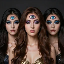 three eyed goddesses, third eyes middle of foreheads, very wide wide shot, very hairy bodies, beautiful colors, eyes in forehead, beautiful lighting, detailed photographs