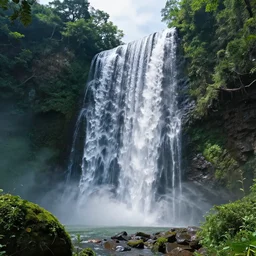 low angle shot of a beautiful huge and wide sparkling black waterfall, lovely valley, lush trees, by James Gurney, by Greg Rutkowski, concept art, volumetric lighting, intricate, vivid colors, octane render, trending on artstation, 8k