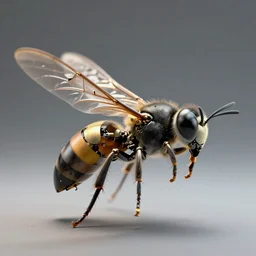 photo of a mechanical wasp flying. Insanely detailed and intricate, clean photorealistic realistic, realistic 3D, hyper-realistic, super detailed, realistic octane render, 8K, photography, hard light