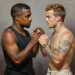 a beautiful painting of handsome kanye west fighting handsome pete davidson, rendered art, highly detailed painting by gaston bussiere, craig mullins, j. c. leyendecker 8 k, trending on artstation, art