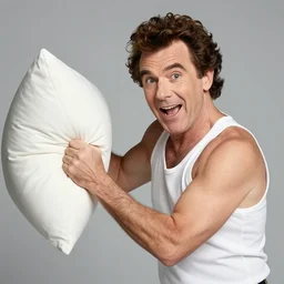 jim varney has a nice new perm, he decides to have a pillow fight with jim varney in a white tank top. jim varney is on the bed pillow fighting with jim varney laughing having a great time playing with his jim award winning jim photography stunning hilarious pillow fight jim laughing