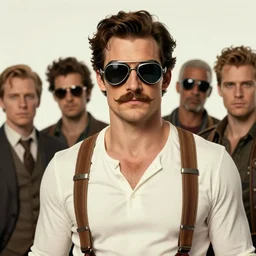 steampunk henry cavill, mustache, aviator googles, suspenders, undershirt, in the style of artgerm and charlie bowater and atey ghailan and mike mignola, epic lighting, vibrant colors and hard shadows and strong rim light, very coherent, comic cover art, plain background, trending on artstation