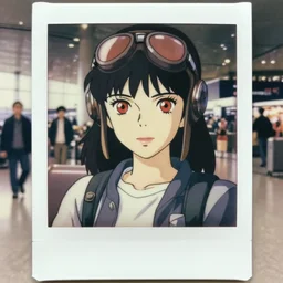 a polaroid full body portrait of a very confident 1 9 5 0's aviator disney style girl, red eyes, finely detailed features, closeup at the faces, perfect art, in the airport yard, gapmoe yandere grimdark, trending on pixiv fanbox, painted by greg rutkowski makoto shinkai takashi takeuchi studio ghibli, akihiko yoshida,