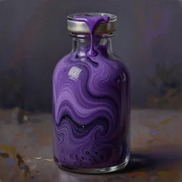 thick swirling purple liquid with black glitter in an closed glass vial, mid shot, realistic, oil painting, high detail