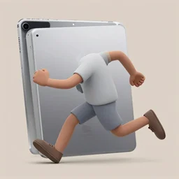 a painting of a ipad pro with arms and legs that is running out of the nyc subway on a monday morning painted in the style of keiichi tanaami
