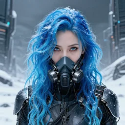 highly detailed portrait of wasteland wavy blue hair metalic frost cyber ninja respirator thin lady, stray wiring by atey ghailan, james gilleard, by joe fenton, by greg rutkowski, by greg tocchini, by kaethe butcher, 4 k resolution, gradient blue, cyan, black and white color scheme!!! ( ( snowy glaciated robotic dystopian city background ) )