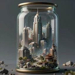 rich utopian solarpunk city with dystopian hellscape underneath inside a glass jar