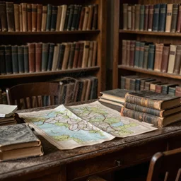 a desk with maps and old books sitting in an old study that is dusty with cobwebs all over the surrounding bookshelves
