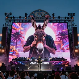 A donkey DJ is shown on a giant screen at tomorrowland, 8k