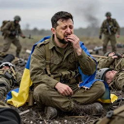 a caricature of Volodymyr Zelensky at war,  dressed like  a Vietnam war American soldier ,  sitting on the ground between dead corpses , crying and weeping, holding a half burnt  flag of Ukraine,  by Omaya Joha