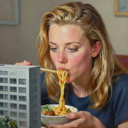 A realistic painting hyperrealistic of giant Amber Heard eating a building kaiyuu style