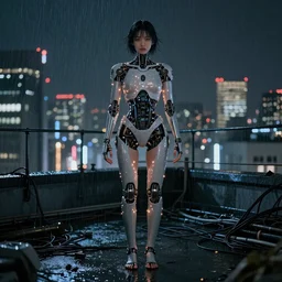 thin female bio-mechanical cyborg, wet tiny LED lights illuminate, night time, drizzling raining, rooftop downtown tokyo, atmospheric broken wires exposed, wet machine parts, perfect anatomy, full body portrait, based on Saroyama, centered body portrait, photorealistic, 8K, octane render, volumetric lighting, Unreal Engine, trending on Artstation, hyper realistic, cinematic