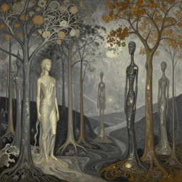 iridescent trees, the ancient gods fantasycore landscape, glossy painting, Art Nouveau Cosmic 4k Detailed Matte Illustration trending on Flickr ,CGSociety, Gray and Buff color scheme, Pastiche by Julie Bell, Pastiche by Alberto Giacometti