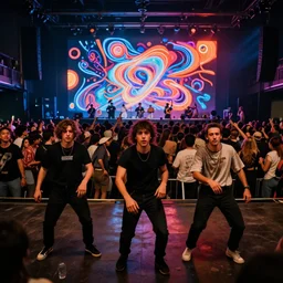 friends dancing at an alternative concert facing the camera, body forward, in the back a huge crowd and neon art, abstract surrealism