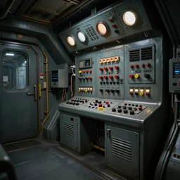 industrial spaceship interior with metal plates and many buttons and switches, dimly lit, 4k