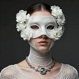 a futuristic portrait by mask made of wires and white flowers, necklace made by white nets twisted around neck, design by leonardo davinci, inspired by egon schiele, modern art, baroque art jewelry, new classic, fashion design, photorealistic, hyper realistic, cinematic composition, cinematic lighting, fashion design, concept art, 8 k