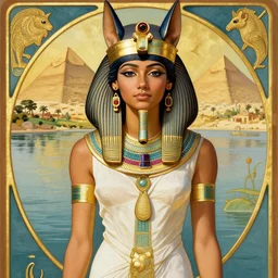 zendaya as the Egyptian goddess isis the lady of the fertile Nile, a beautiful art nouveau portrait by Gil elvgren, Nile river environment pyramids water garden , centered composition, defined features, golden ratio, gold jewelry