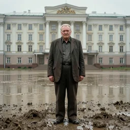 7 0 s movie still of an old manstanding in a soviet stalinist style palace flooded in mud, eastmancolor, heavy grain, high quality, high detail