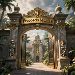 The gate to the eternal kingdom of Proboscis Monkeys, fantasy, digital art, HD, detailed.