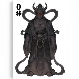 a full body portrait of chinese buddhist mythology + manga cover titled 0 immortal beast from chinese mythology + ominous baphomet - like demon, dark void eyes, illustrated by kentaro miura, full color manga cover, symmetrical, simple color palett by mucha, michael whelan, jean leon gerome, junji ito, hr giger, zdzislaw, tyler jacobson, noah bradley, james paick