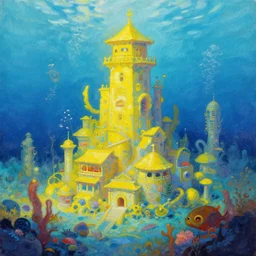 a beautiful painting of an underwater city, yellow and blue, 4 k, trending on artstation, octane, unreal