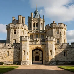 hyper realistic photo, looking close up at a well maintained castle from the front gate courtyard on a sunny day