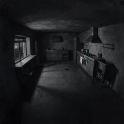 olumetric shadows, volumetric lighting, black goya painting of underground, basement, fisheye, curved perspective, naive, extra narrow, a kitchen, large floor, tavern by rhads